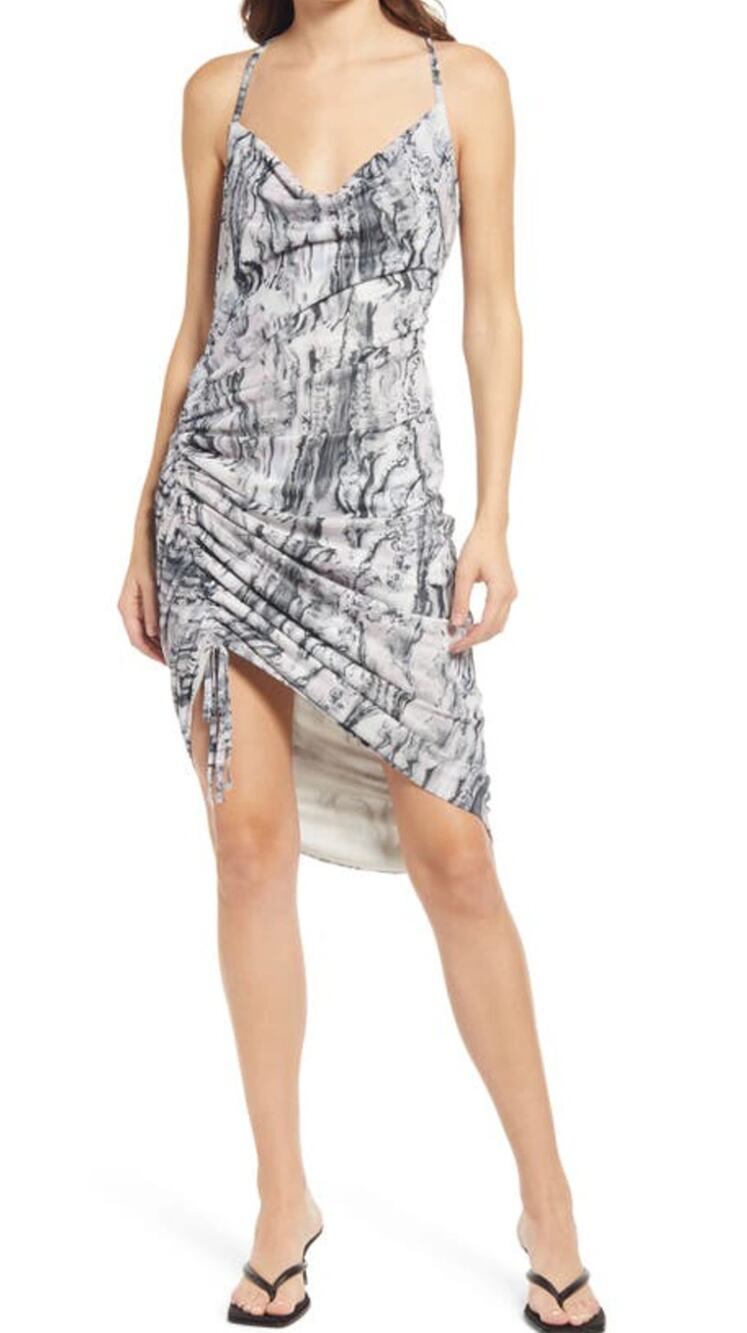 Open Edit Ruched Mesh Midi Slipdress Womens XL New Grey Purple Wax Marble